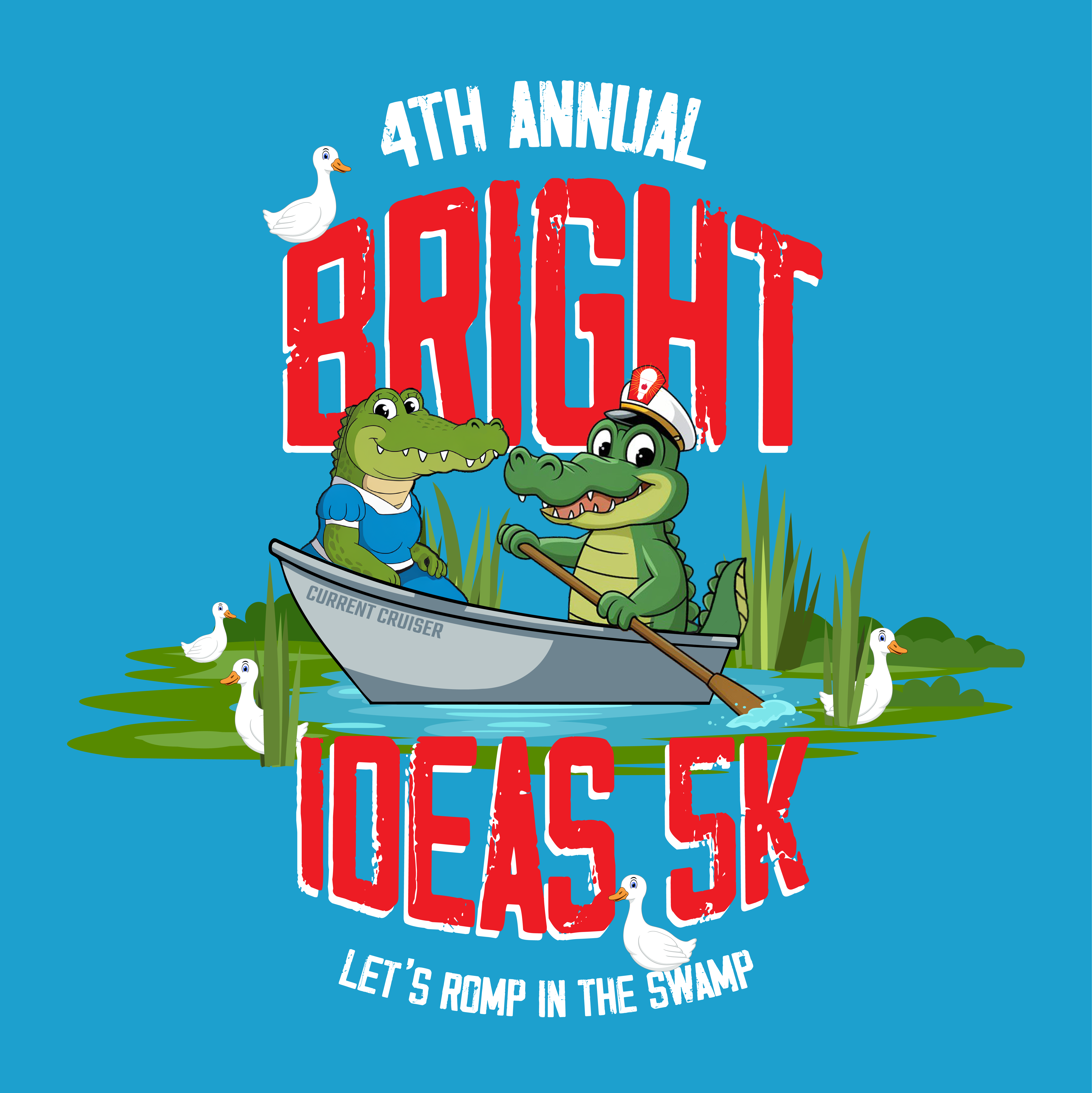 Bright Ideas race shirt featuring alligators rowing boat